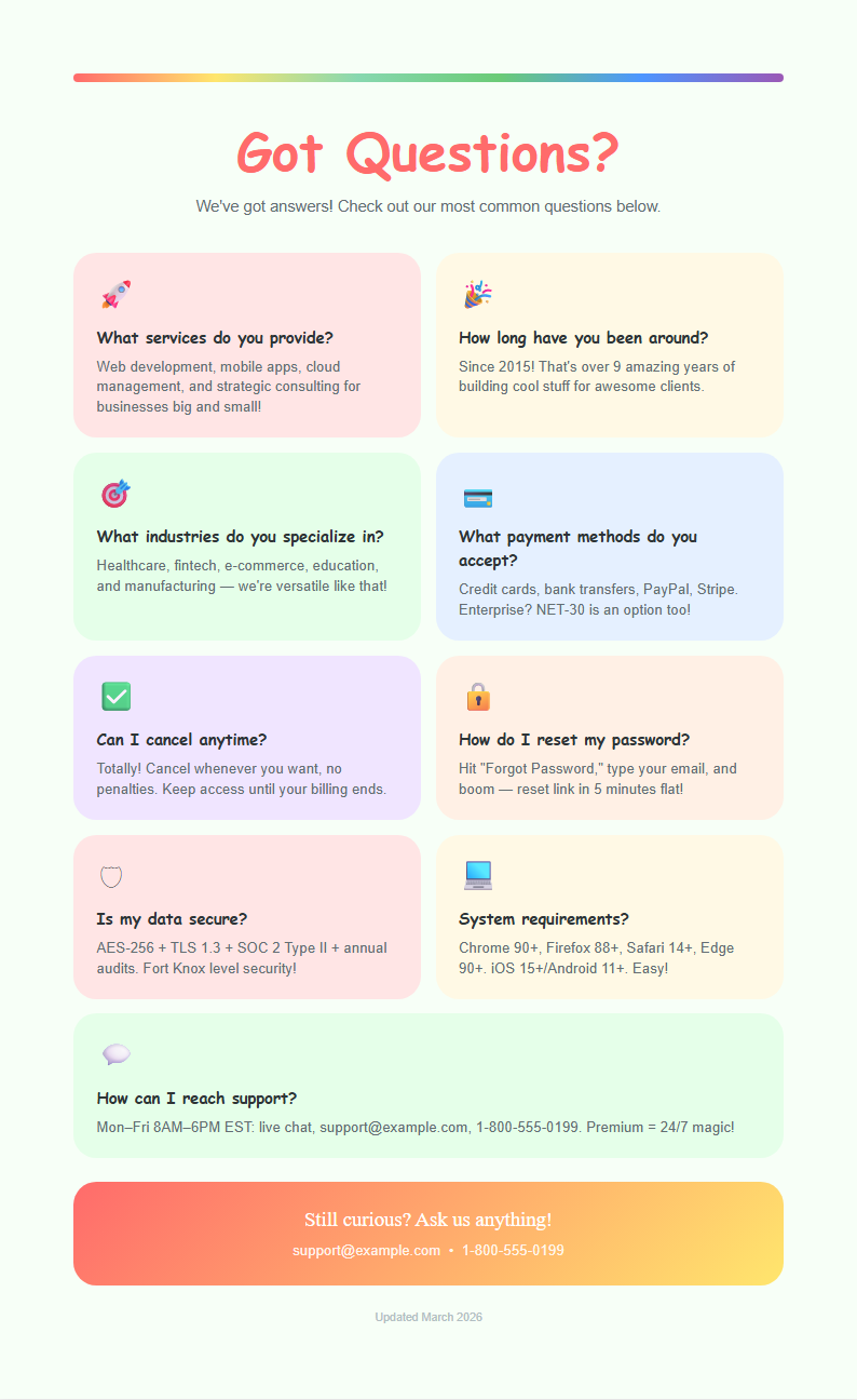 Playful colorful FAQ